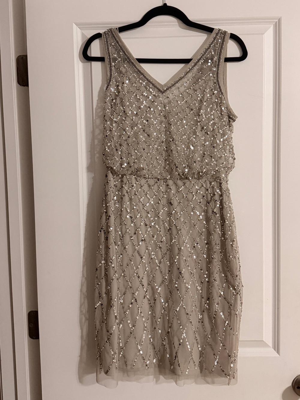 Adrianna Papell Taupe Beaded V-Neck Cocktail Dress